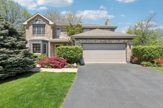 2835 Randall Ridge Ct, Elgin, IL 60124 - traditional-style home with driveway, a chimney, brick siding, a garage, and a front lawn