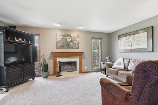 2835 Randall Ridge Ct, Elgin, IL 60124 - carpeted living area featuring baseboards and a fireplace with flush hearth