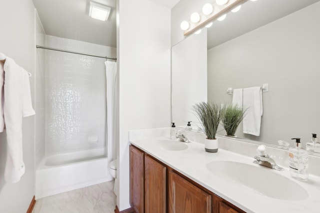 2835 Randall Ridge Ct, Elgin, IL 60124 - bathroom with toilet, double vanity, shower / bath combo with shower curtain, baseboards, and marble look tile flooring