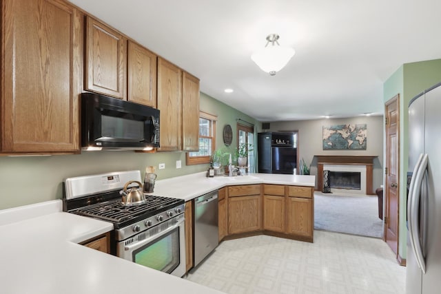 2835 Randall Ridge Ct, Elgin, IL 60124 - kitchen with appliances with stainless steel finishes, a sink, a peninsula, a fireplace, and open floor plan