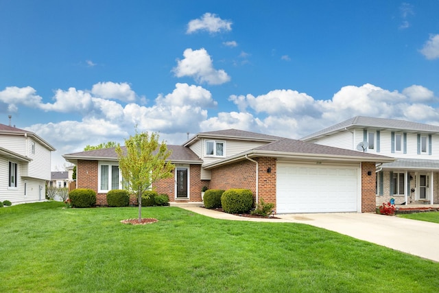 view of front facade featuring a garage, a front lawn, and brick siding