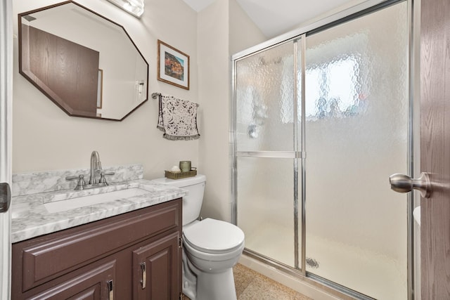 bathroom with vanity, a shower stall, and toilet