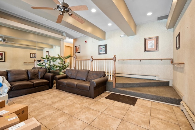 living area with ceiling fan, beamed ceiling, and baseboard heating