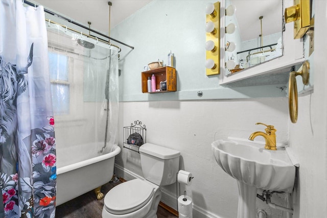 141 Park Ave, Dekalb, IL 60115 - bathroom with shower / bath combo with shower curtain, wood finished floors, toilet, baseboards, and a sink