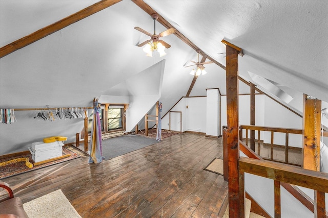 141 Park Ave, Dekalb, IL 60115 - additional living space with lofted ceiling with beams, a ceiling fan, and hardwood / wood-style flooring