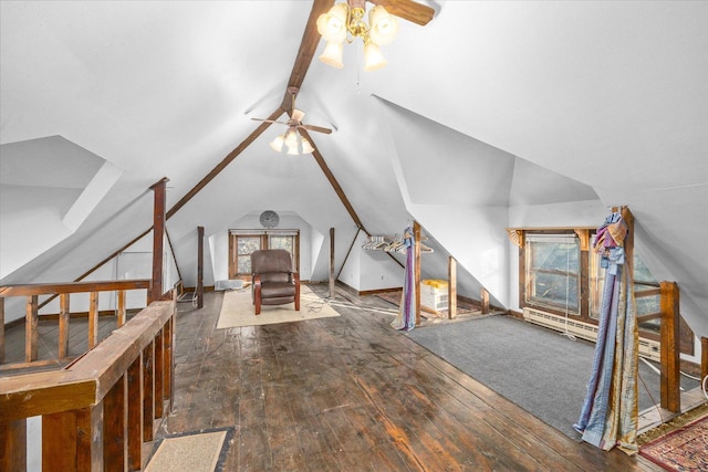 141 Park Ave, Dekalb, IL 60115 - bonus room featuring wood-type flooring, a ceiling fan, lofted ceiling with beams, and stairs