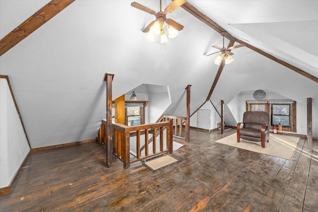 141 Park Ave, Dekalb, IL 60115 - interior space featuring baseboards, lofted ceiling with beams, ceiling fan, and hardwood / wood-style flooring