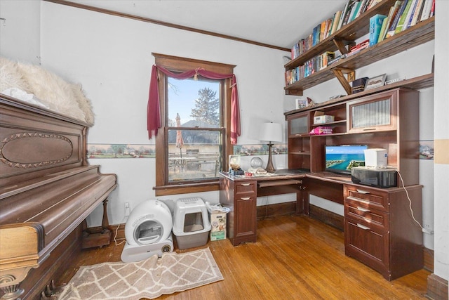 141 Park Ave, Dekalb, IL 60115 - office space featuring ornamental molding, light wood-style flooring, and built in study area