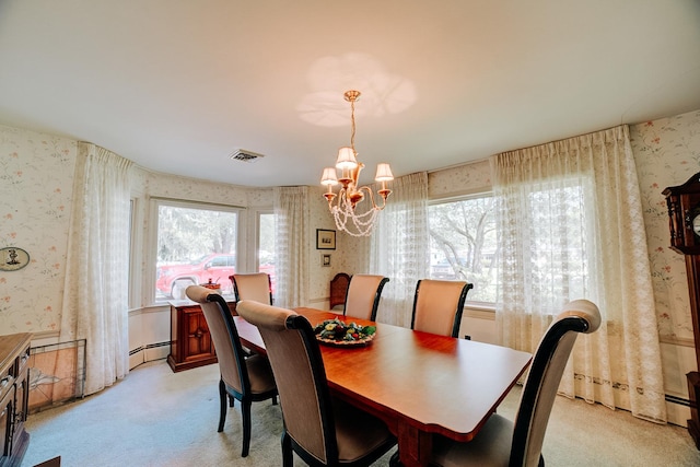 dining room featuring a baseboard radiator, wallpapered walls, an inviting chandelier, visible vents, and light colored carpet