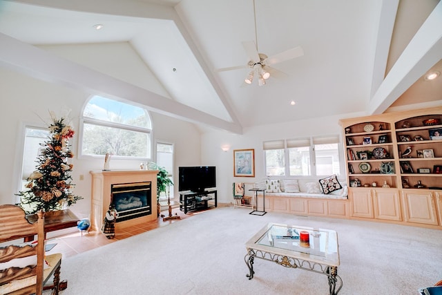 carpeted living room with recessed lighting, ceiling fan, a fireplace with flush hearth, high vaulted ceiling, and beam ceiling