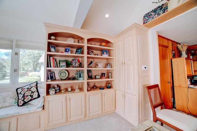 interior space featuring light colored carpet and vaulted ceiling