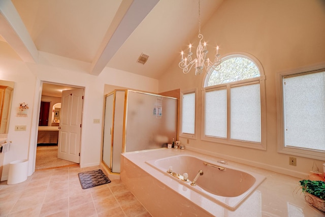 bathroom with connected bathroom, an inviting chandelier, a stall shower, a bath, and visible vents