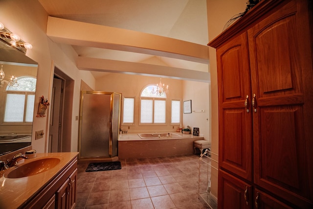 full bath featuring an inviting chandelier, vaulted ceiling, a stall shower, and a healthy amount of sunlight