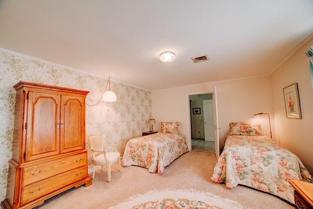 bedroom featuring light colored carpet, wallpapered walls, visible vents, and crown molding