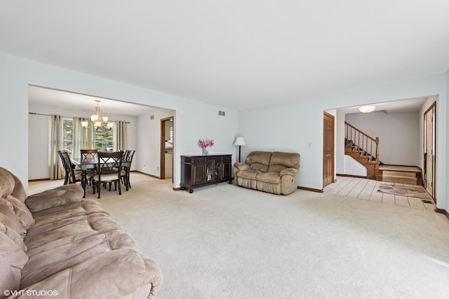 500 Easy St, Darien, IL 60561 - living area featuring a notable chandelier, visible vents, carpet, and stairway