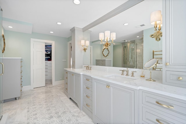 full bathroom with a stall shower, recessed lighting, marble finish flooring, baseboards, and double vanity