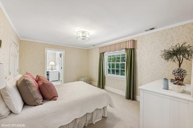 bedroom featuring wallpapered walls, crown molding, light colored carpet, and a chandelier