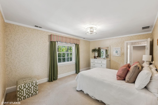 bedroom with wallpapered walls, light carpet, crown molding, and baseboards