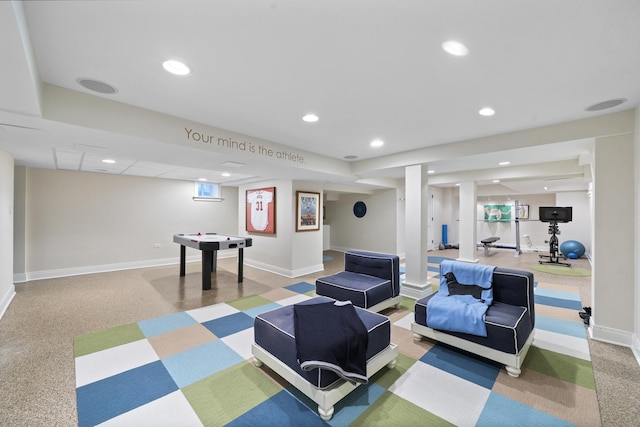 game room with baseboards, recessed lighting, and carpet flooring