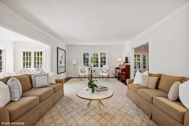 living area featuring crown molding
