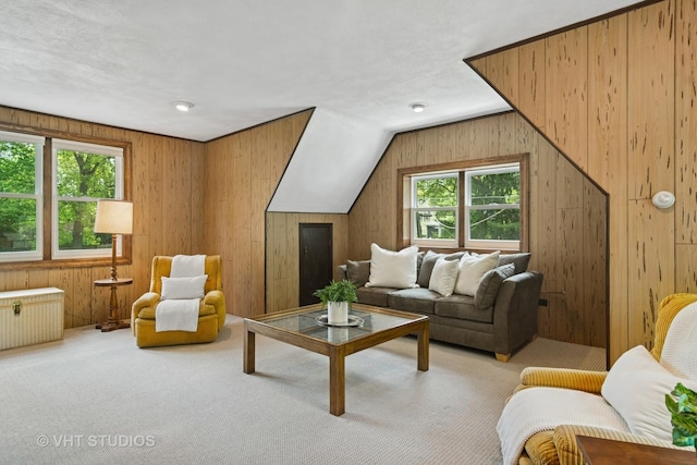625 Greenbriar Ln, Lake Forest, IL 60045 - living room featuring carpet, wooden walls, vaulted ceiling, and radiator