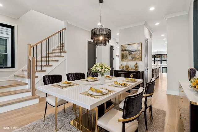 1928 W George St, Chicago, IL 60657 - dining room featuring light wood-style flooring, stairs, crown molding, recessed lighting, and a chandelier