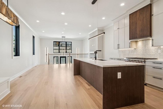 1928 W George St, Chicago, IL 60657 - kitchen with ornamental molding, stainless steel range, light wood-style flooring, tasteful backsplash, and a kitchen island with sink