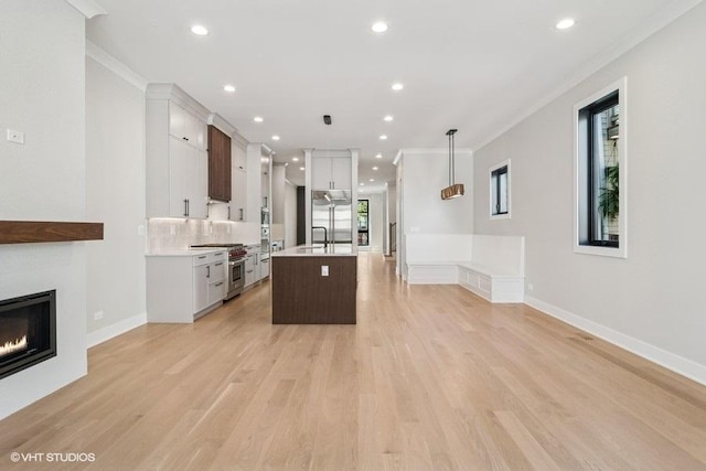 1928 W George St, Chicago, IL 60657 - kitchen featuring premium appliances, crown molding, light countertops, an island with sink, and light wood finished floors