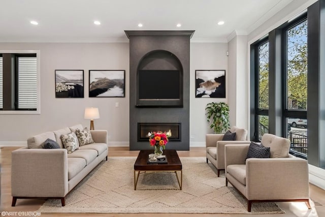 1928 W George St, Chicago, IL 60657 - living room featuring recessed lighting, a glass covered fireplace, wood finished floors, and crown molding