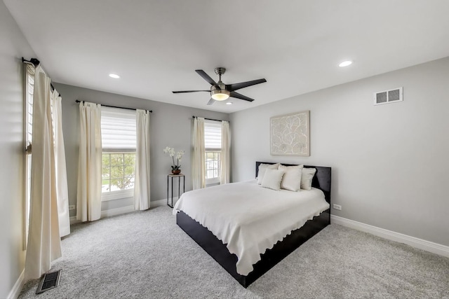 bedroom featuring recessed lighting, baseboards, carpet, and ceiling fan