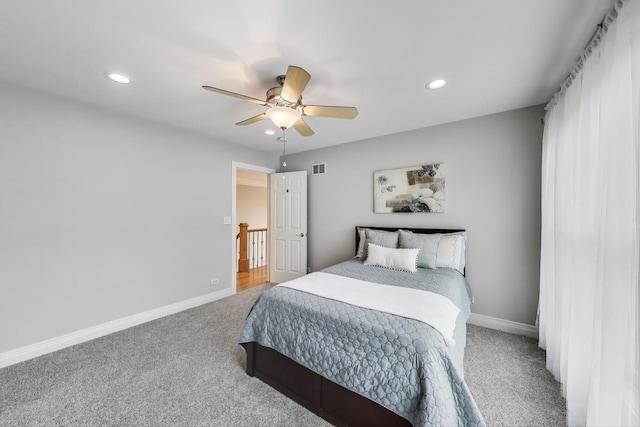 carpeted bedroom with recessed lighting, baseboards, and a ceiling fan