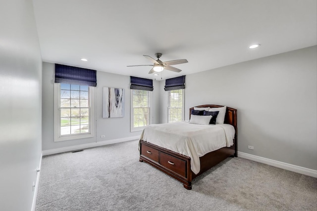bedroom featuring baseboards, carpet floors, ceiling fan, and recessed lighting