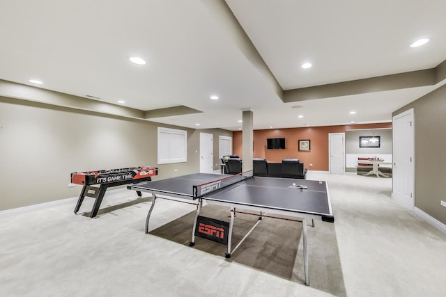 rec room featuring carpet, baseboards, and recessed lighting
