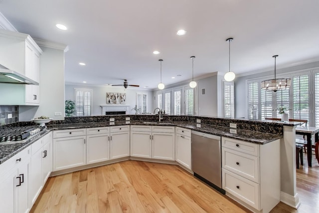 kitchen featuring appliances with stainless steel finishes, a sink, a ceiling fan, crown molding, and light wood-style floors