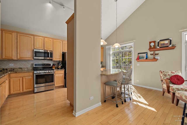 kitchen with stainless steel appliances, high vaulted ceiling, track lighting, baseboards, and light wood-style flooring