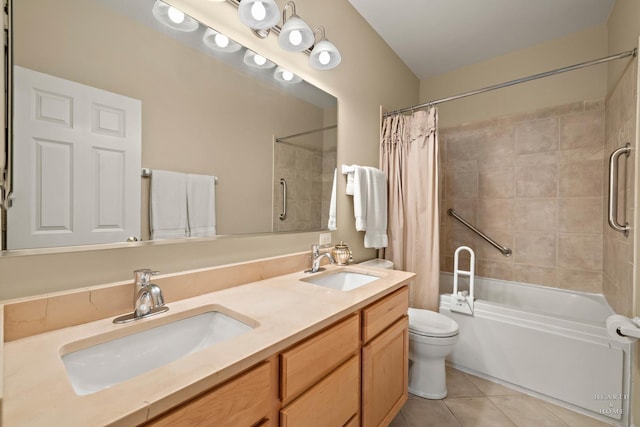 full bathroom featuring tile patterned floors, shower / bathtub combination with curtain, toilet, and double vanity