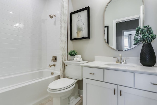 full bath featuring vanity, shower / bath combo, and toilet