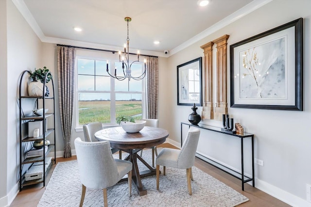 dining space with a healthy amount of sunlight, baseboards, ornamental molding, and a chandelier