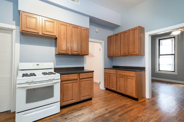 1449 N Artesian Ave, Chicago, IL 60622 - kitchen with dark wood-type flooring, white gas range oven, and dark countertops