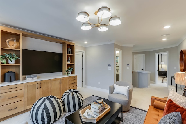 living area featuring recessed lighting, ornamental molding, a notable chandelier, and light carpet