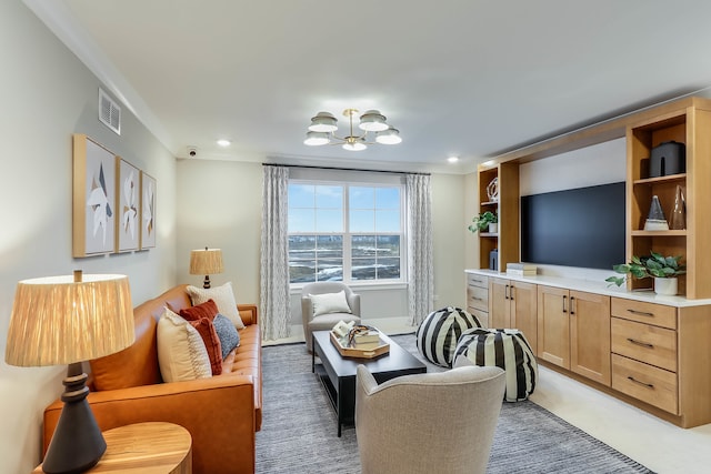 living room featuring recessed lighting, a notable chandelier, and visible vents