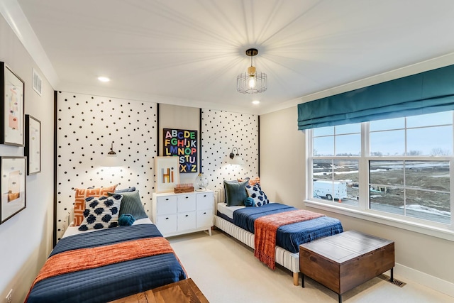 bedroom featuring baseboards, recessed lighting, visible vents, and light carpet