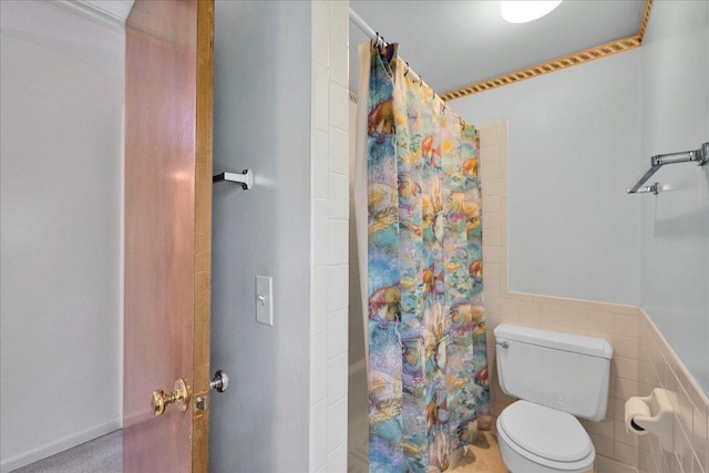 26W266 Tomahawk Dr, Wheaton, IL 60189 - full bath with toilet, tile walls, and a shower with shower curtain