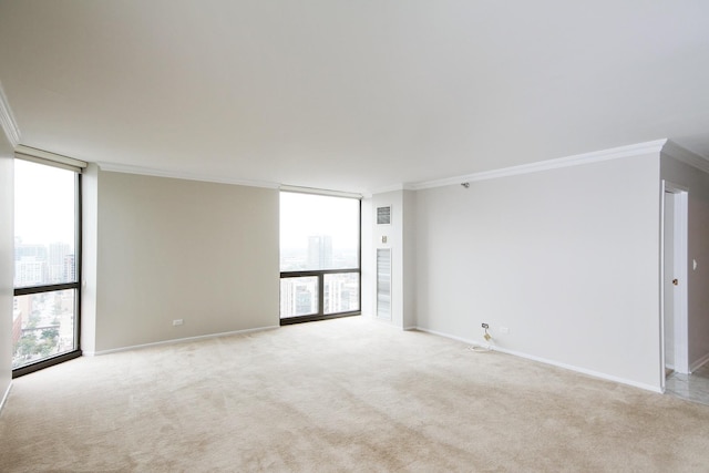 unfurnished room featuring baseboards, light colored carpet, crown molding, and floor to ceiling windows