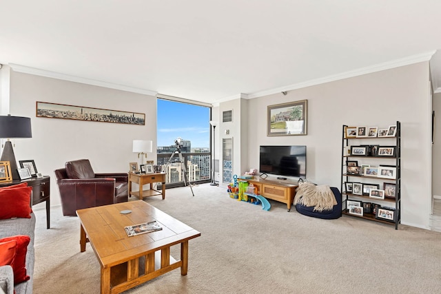 70 W Huron St Unit 2609, Chicago, IL 60654 - living area with ornamental molding, carpet floors, and expansive windows