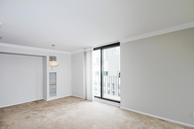 empty room with light colored carpet, ornamental molding, a wall of windows, and plenty of natural light