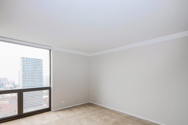 unfurnished room with light colored carpet, ornamental molding, and baseboards