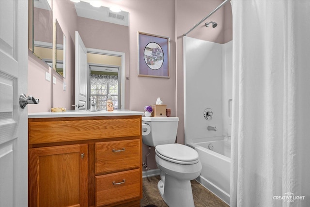 bathroom featuring vanity, shower / bath combo with shower curtain, toilet, tile patterned floors, and visible vents