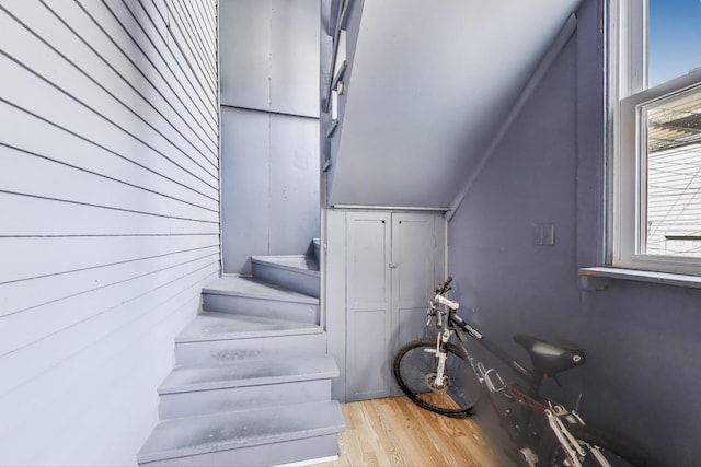 staircase with plenty of natural light and wood finished floors