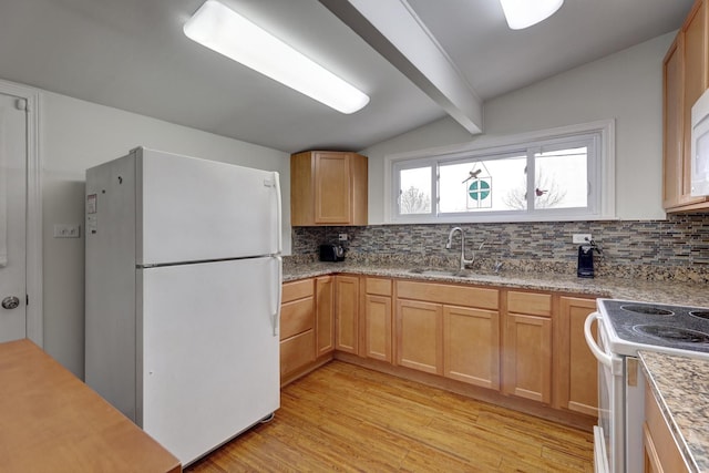 66W Jeffery Ave, Wheeling, IL 60090 - kitchen featuring decorative backsplash, white appliances, lofted ceiling with beams, light wood-type flooring, and a sink
